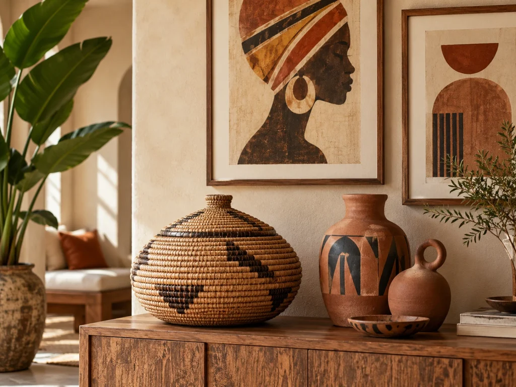 Afro-Bohemian decor vignette with a woven basket, handmade pottery and framed wall art in warm earthy tones
