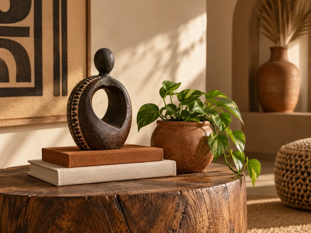 Afro-Bohemian styling with stacked books, abstract sculpture and a green plant