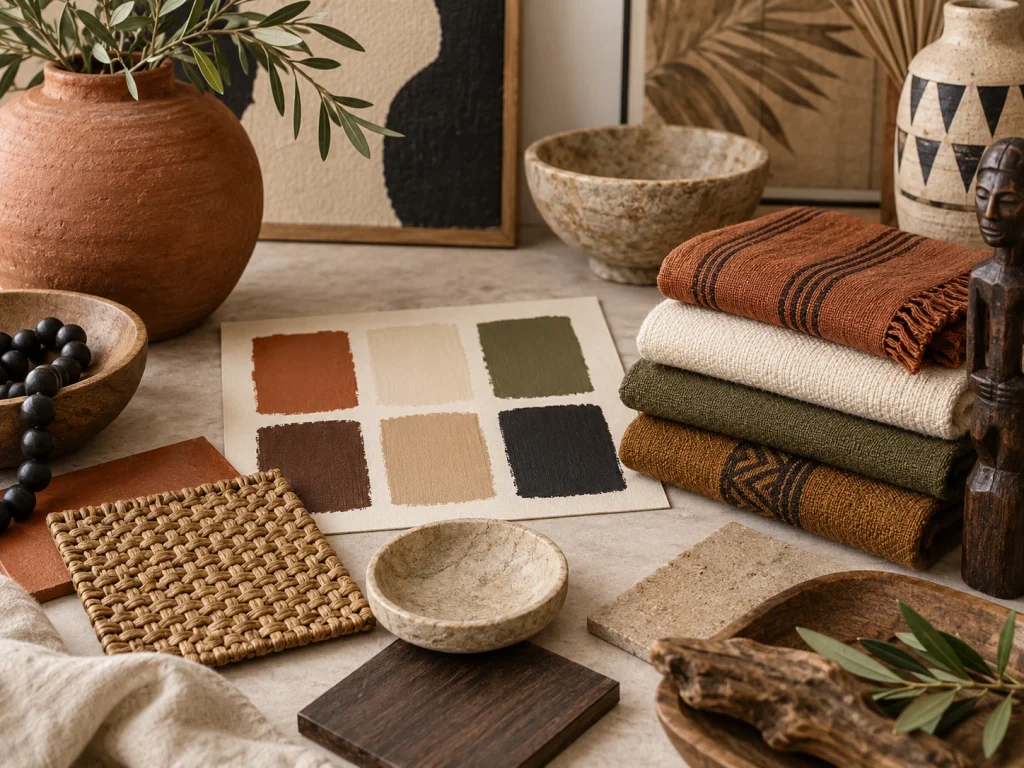 Afro-Bohemian color palette with terracotta, cream, olive and warm brown tones