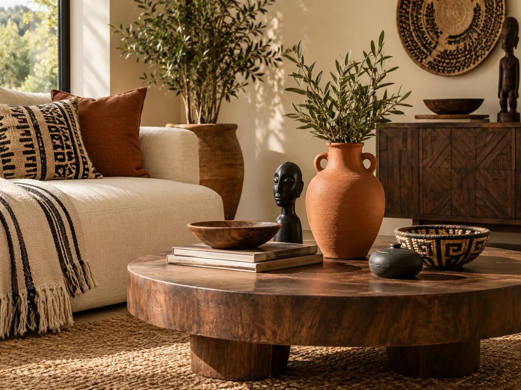 Afro-Bohemian color palette with cream, terracotta, brown, olive and black
