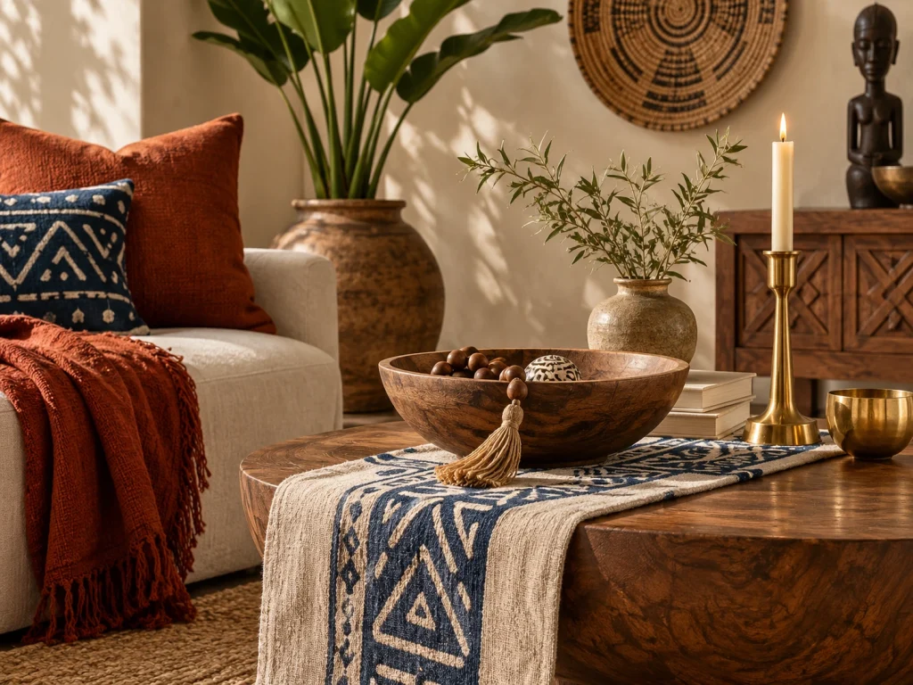 Afro-Bohemian color palette with sand, rust, indigo, warm wood and brass