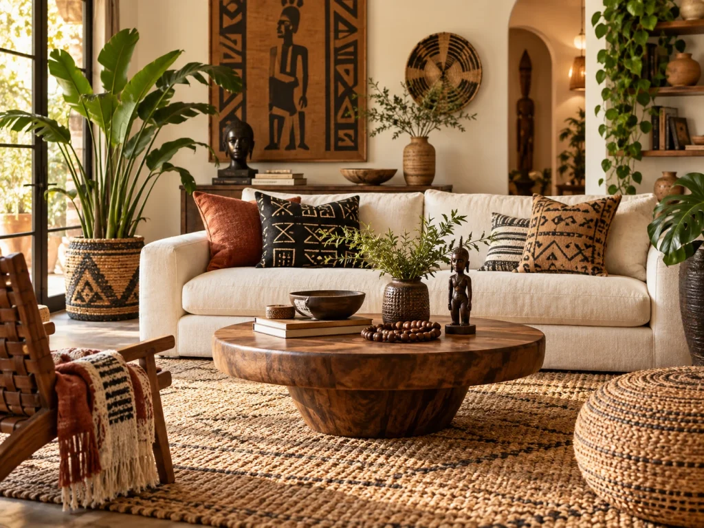 Afro-Bohemian living room with cream sofa, warm rug, patterned cushions, wood table and plants