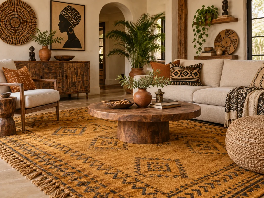 Earthy rug in a warm Afro-Bohemian living room