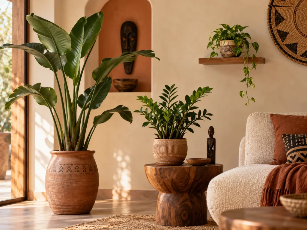 Afro-Bohemian styling with one floor plant, one medium table plant and one small shelf plant