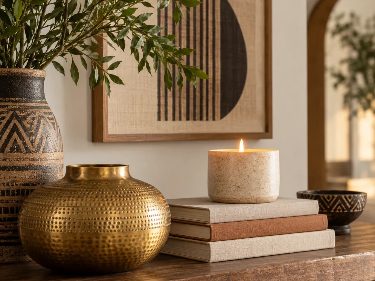 Afro-Bohemian decor vignette with a gold accent, a warm candle, and stacked books in earthy tones