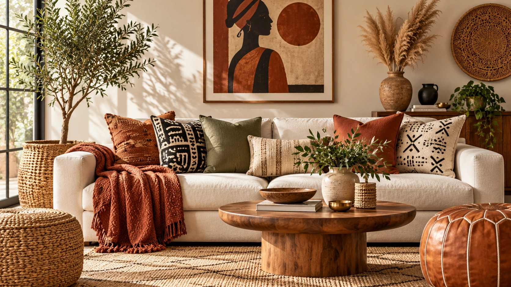 Afrobohemian home decor with rust textiles, woven accents and greenery