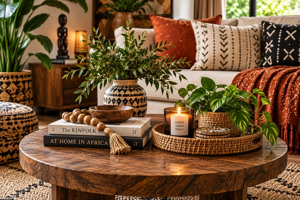 Afro-Bohemian coffee table styled with books, wooden beads, patterned pottery, greenery, woven tray and candle