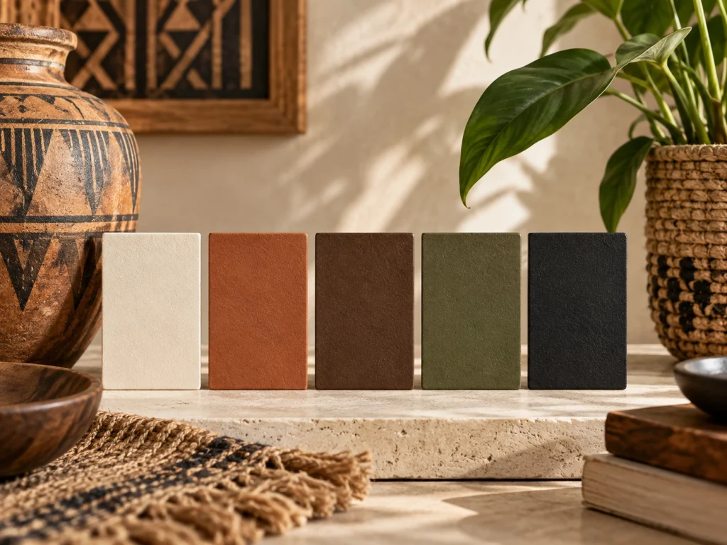 Afro-Bohemian living room ideas for color palette with cream, terracotta, brown, olive and black alongside natural wood, woven textures and greenery