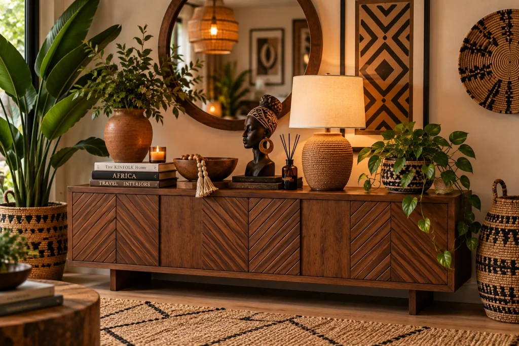 Afro-Bohemian console styling with warm wood, sculptural decor, books, pottery, greenery and soft ambient lighting
