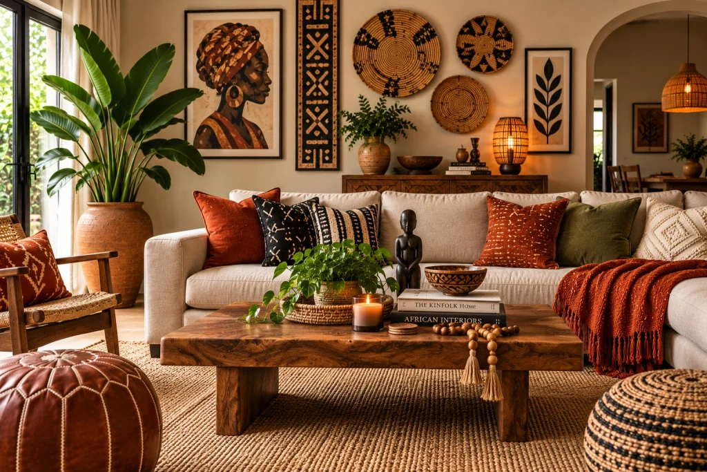 Culture-rich Afro-Bohemian living room with African-inspired art, woven baskets, sculptural decor, earthy textiles and natural wood