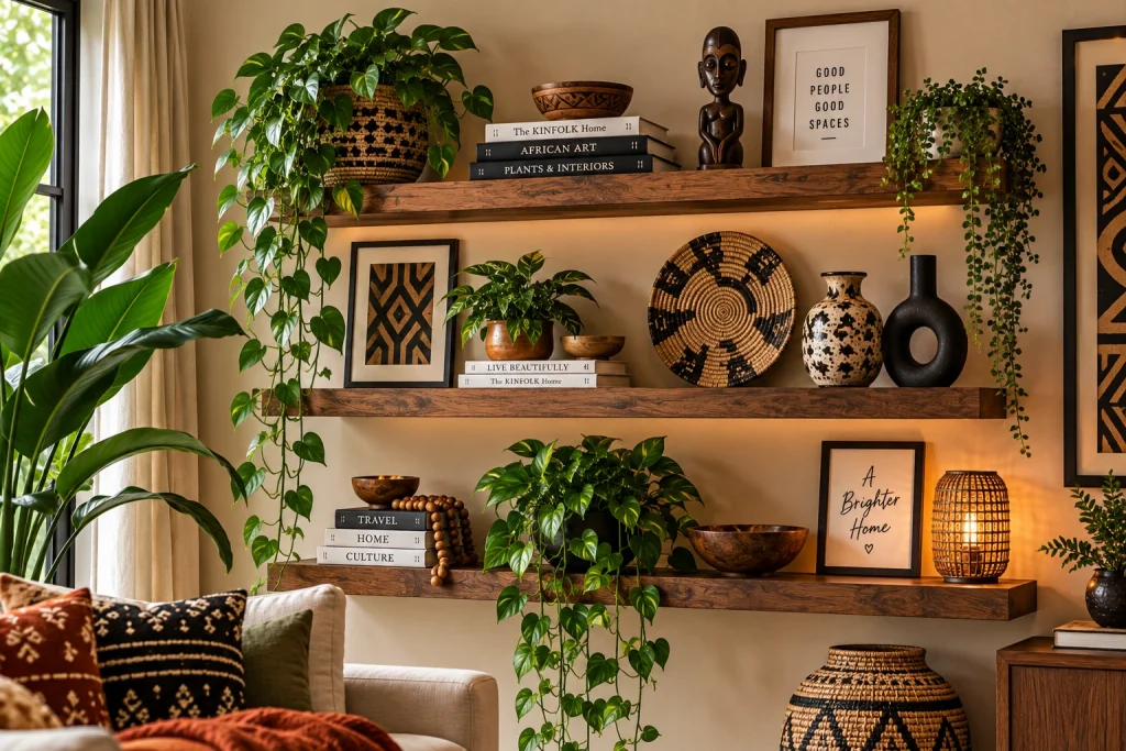 Afro-Bohemian floating wood shelves styled with trailing plants, books, pottery, woven decor and sculptural accents