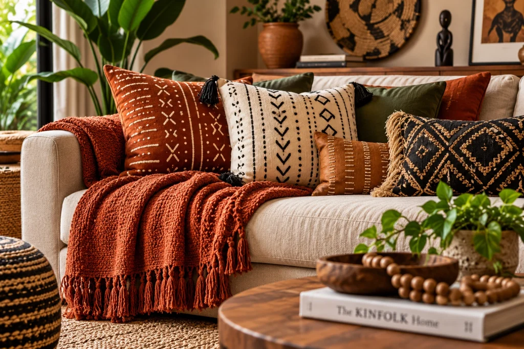 Layered Afro-Bohemian living room textiles with terracotta throw, patterned cushions, earthy tones and natural textures