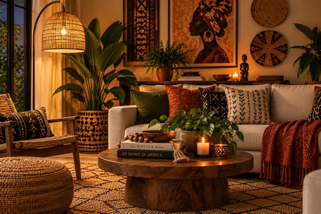 Afro-Bohemian living room with large floor plants, tabletop greenery, woven textures and warm earthy decor