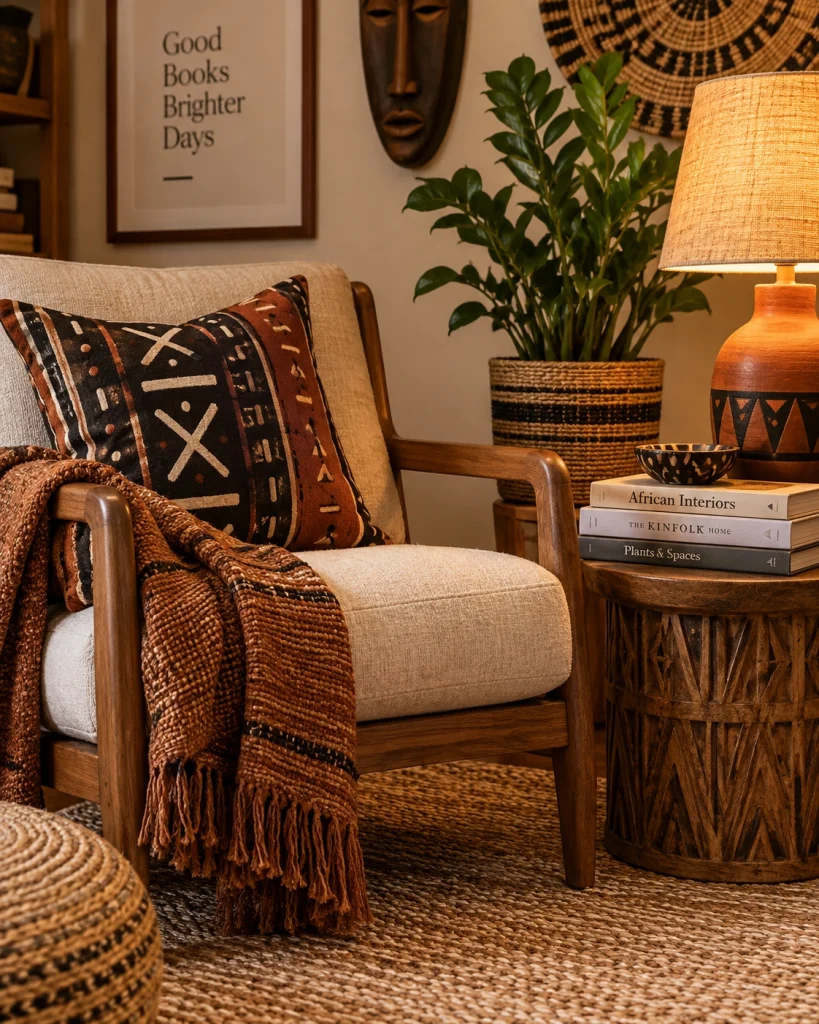 Cozy Afro-Bohemian reading corner with upholstered chair, patterned cushion, warm lamp, books, greenery and woven textures
