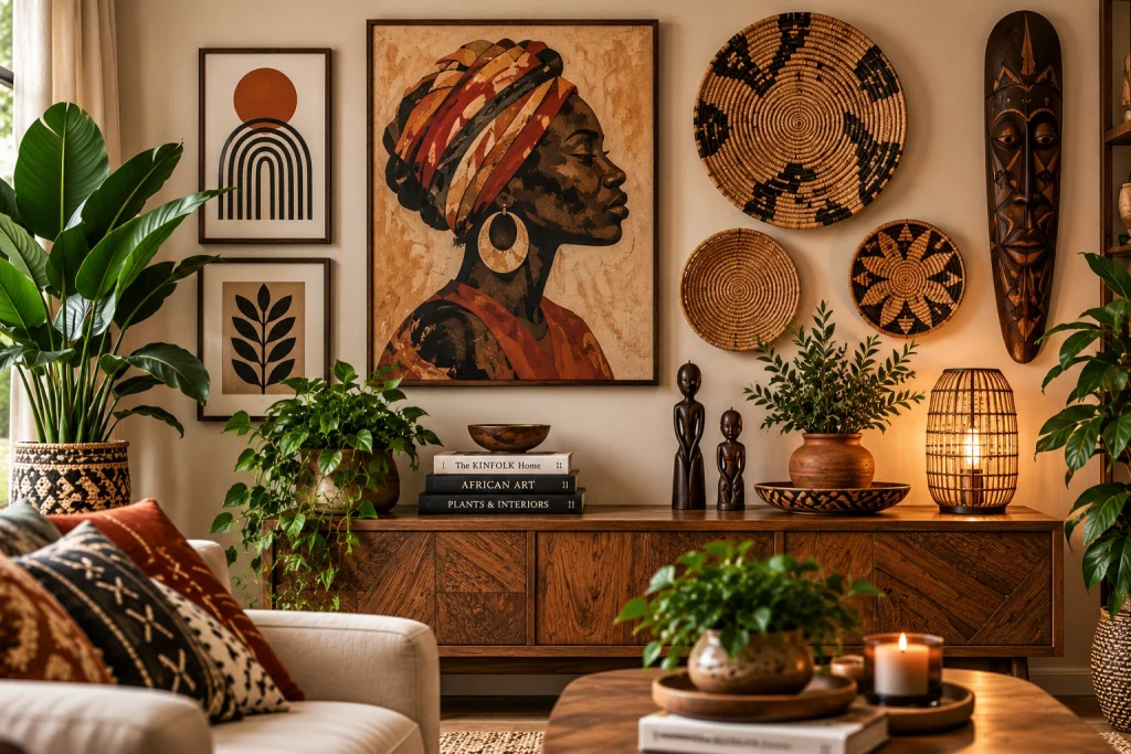 Afro-Bohemian living room wall decor with framed art, woven baskets, carved accents, greenery and warm wood