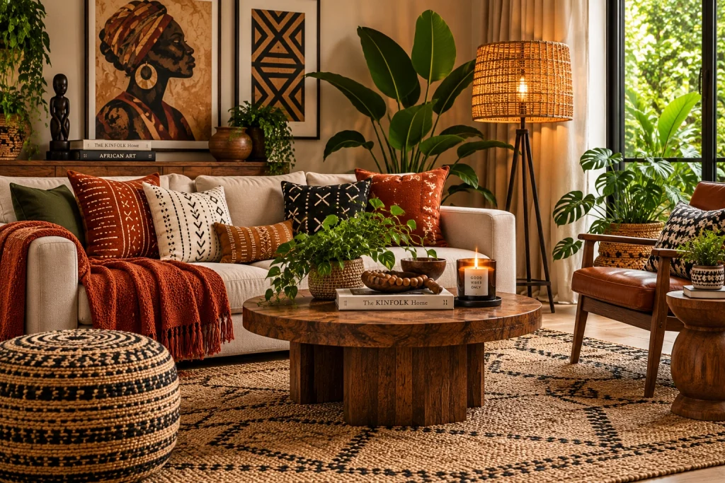 Warm Afro-Bohemian living room lighting with a woven floor lamp, candlelight, earthy textiles, wood and greenery