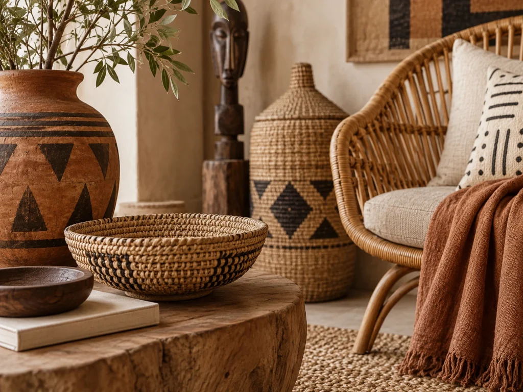 Afro-Bohemian natural textures with woven fibers, wood, pottery and linen