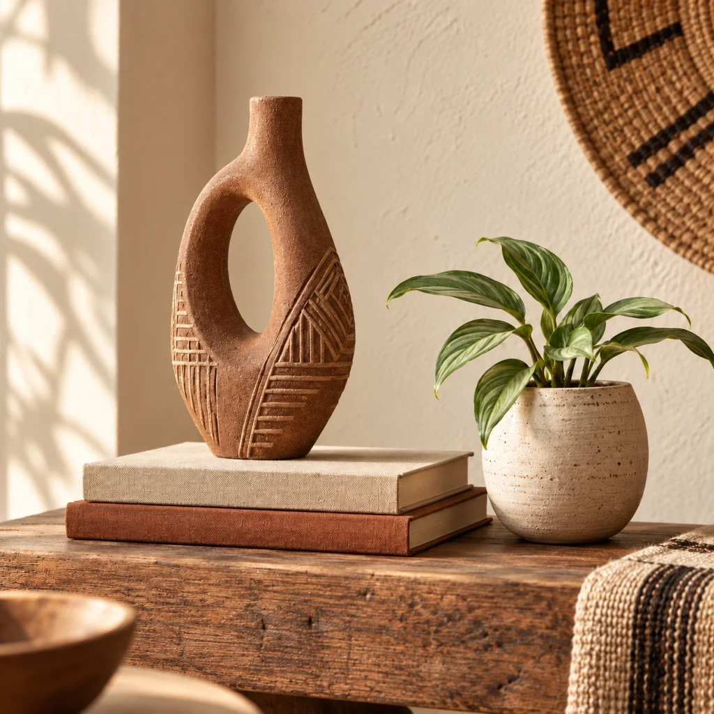 Afro-Bohemian sculpture styled with two books and a small green plant
