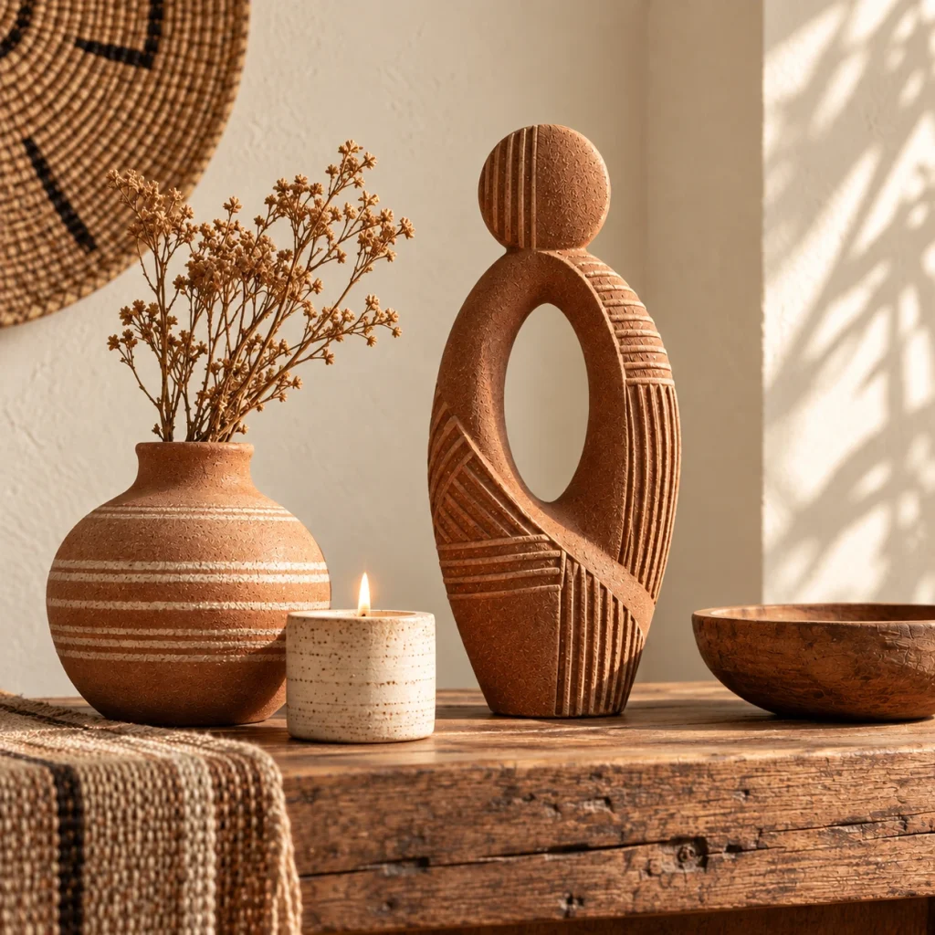 Afro-Bohemian sculpture styled with pottery and a warm candle