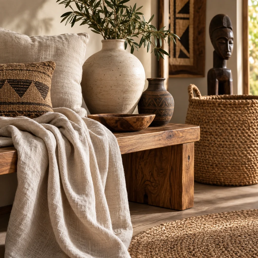Afro-Bohemian styling with soft linen, rough jute, smooth pottery and warm wood