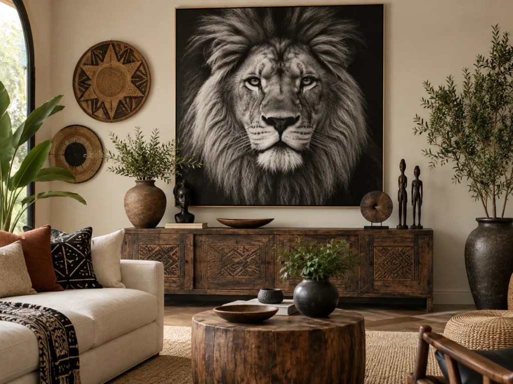 Statement wall art in an Afro-Bohemian interior