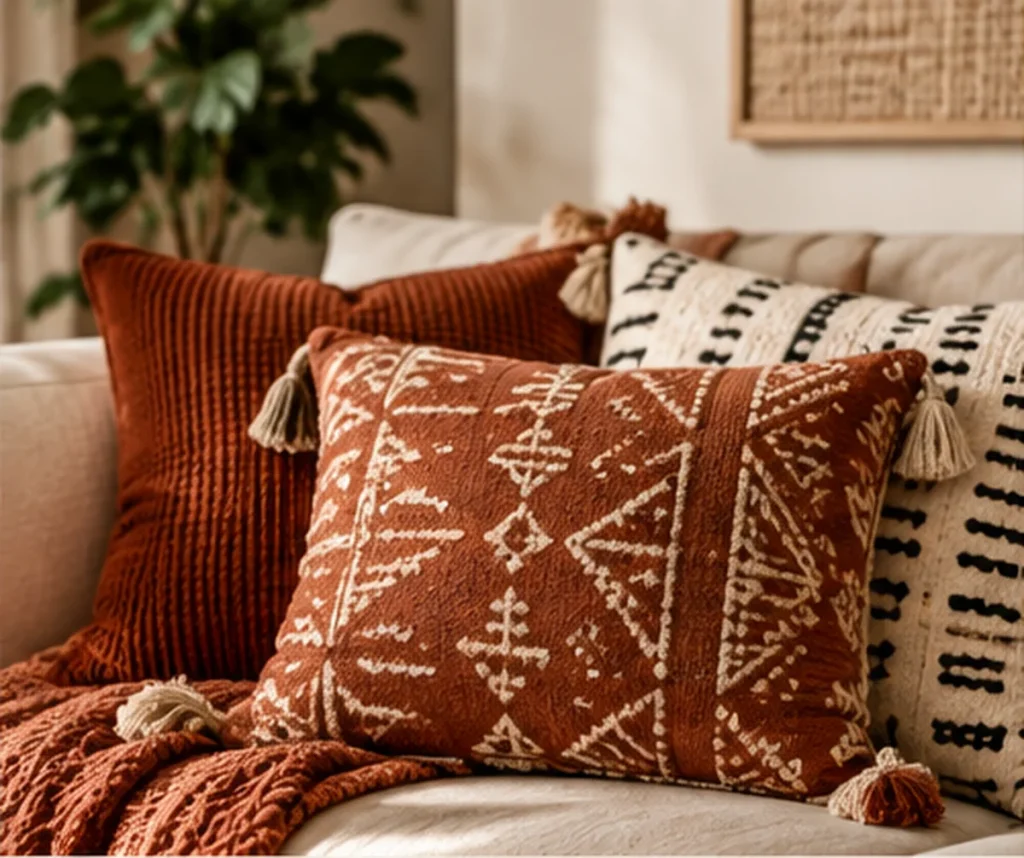 Layered textured cushions in a warm afro bohemian decor interior
