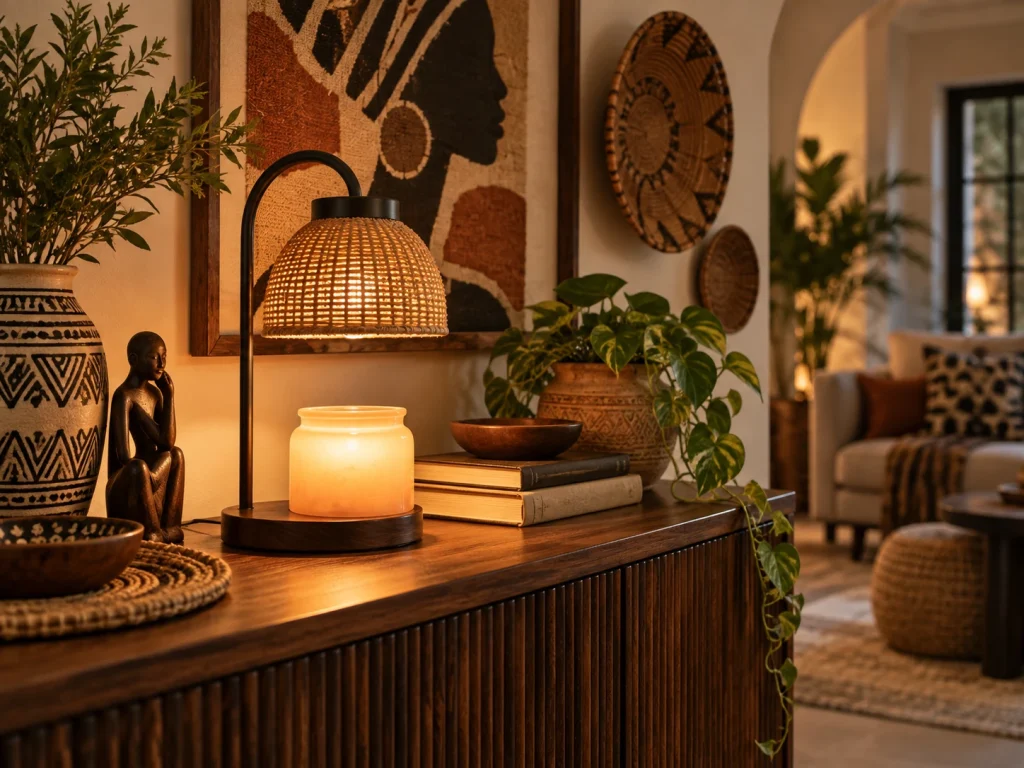 Warm ambient lighting in an Afro-Bohemian styled room