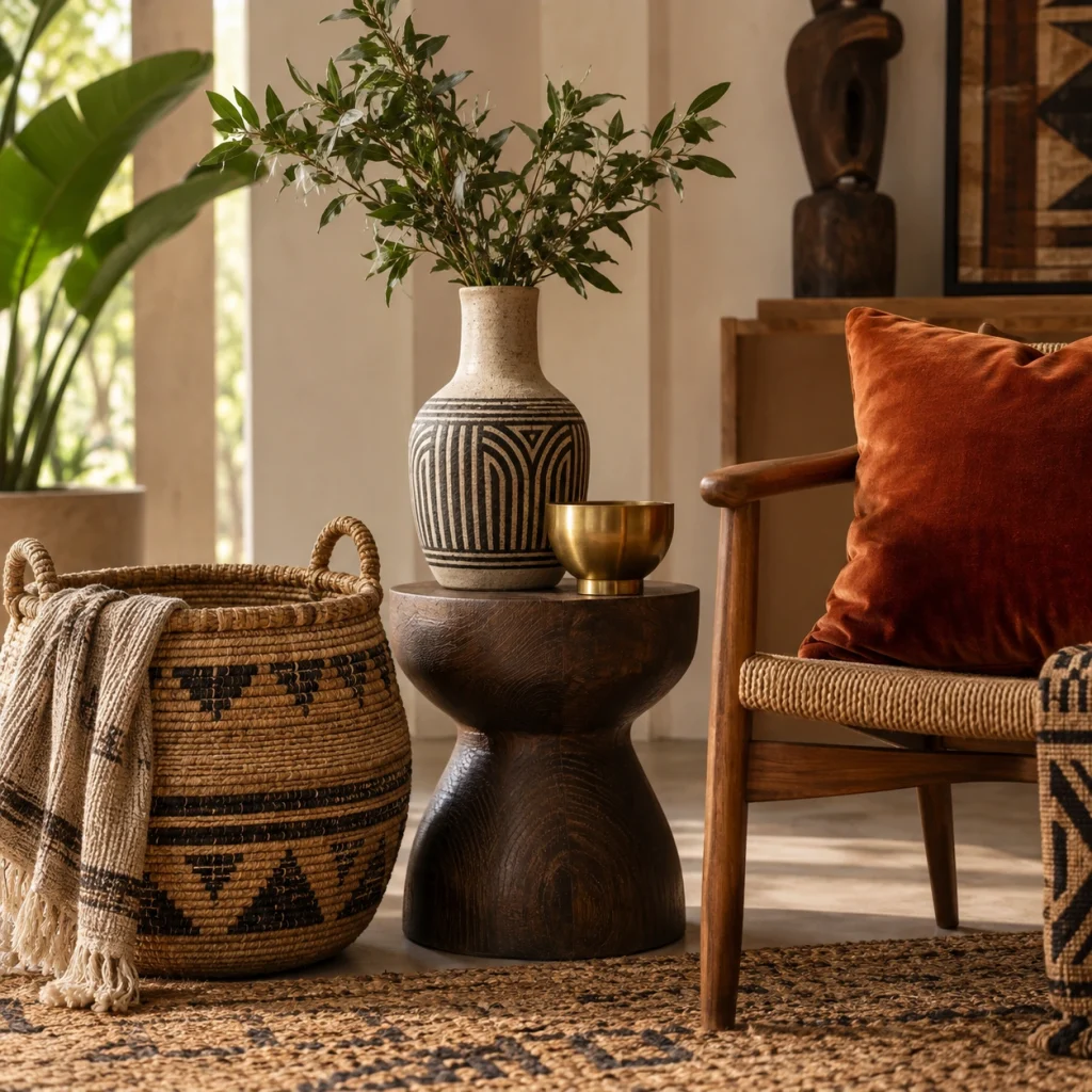 Afro-Bohemian decor with woven basket, velvet cushion, ceramic vase and brass accent