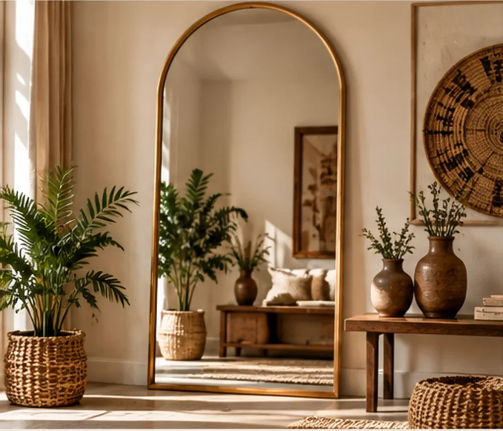 Arched mirror styled with earthy pottery and bohemian decor