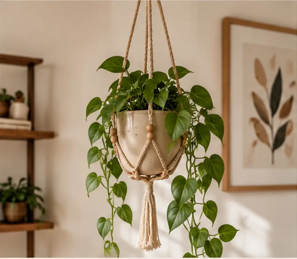 Macrame hanging planter with greenery in a bohemian interior