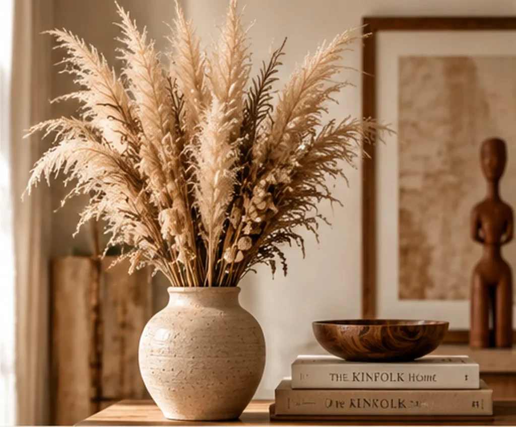 Pampas grass in a neutral vase for earthy bohemian home decor