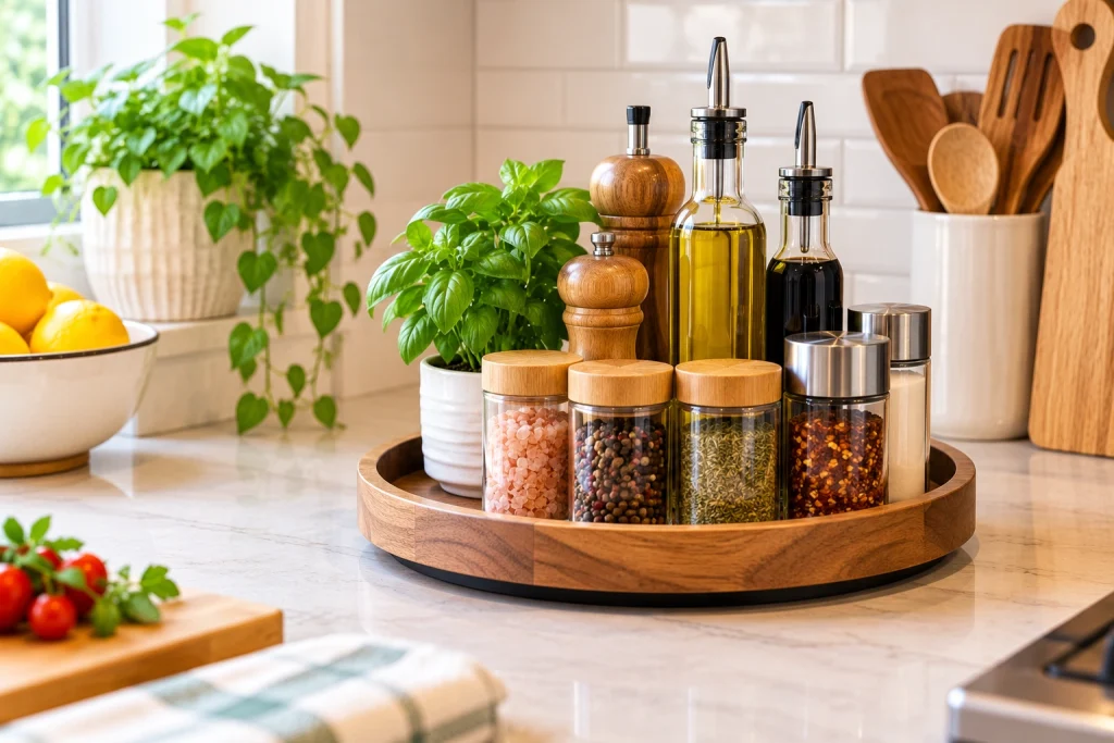 Kitchen counter Lazy Susan with oils, vinegar, spices and seasonings organized on a wooden turntable