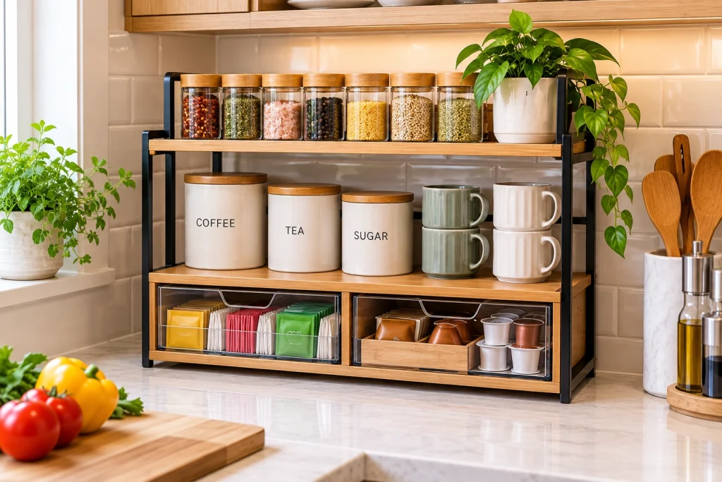 Kitchen counter organizer shelf with spices, coffee canisters, mugs and drawers using vertical countertop space