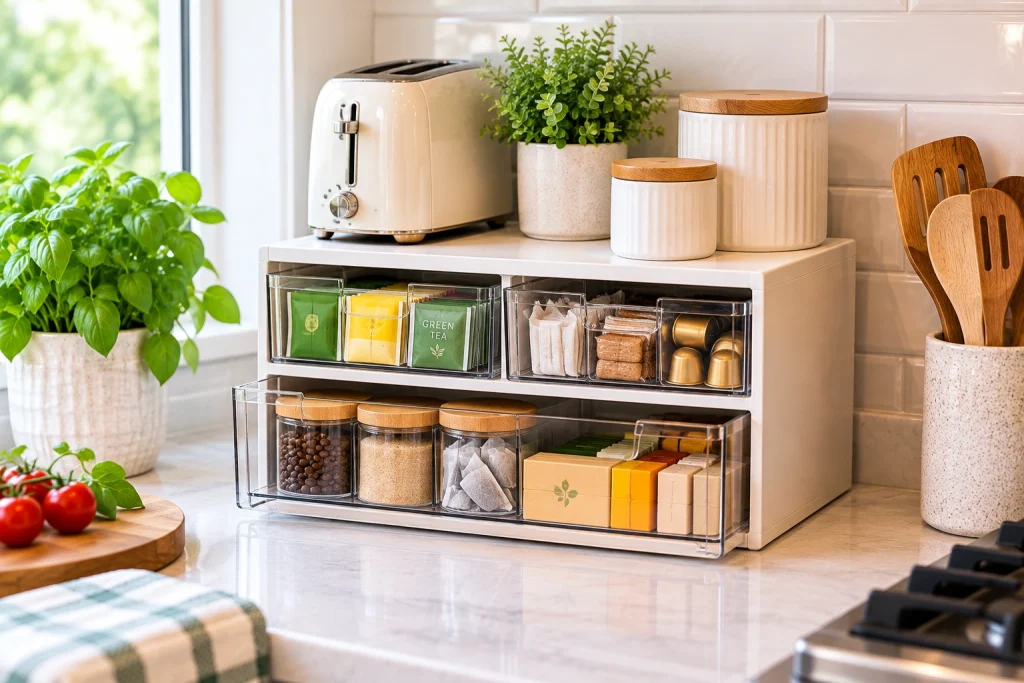 Kitchen countertop organizer with drawers storing tea, coffee pods, jars, towels and small kitchen essentials
