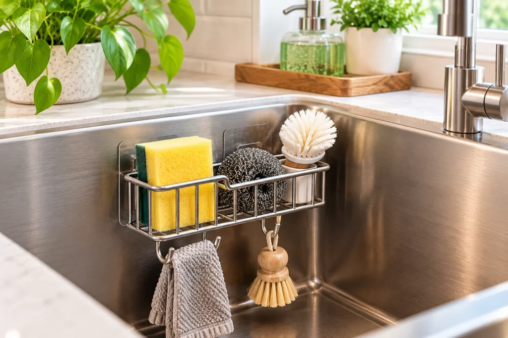 Mounted kitchen sink sponge holder with sponge, scrubber and dish brush to free up countertop space