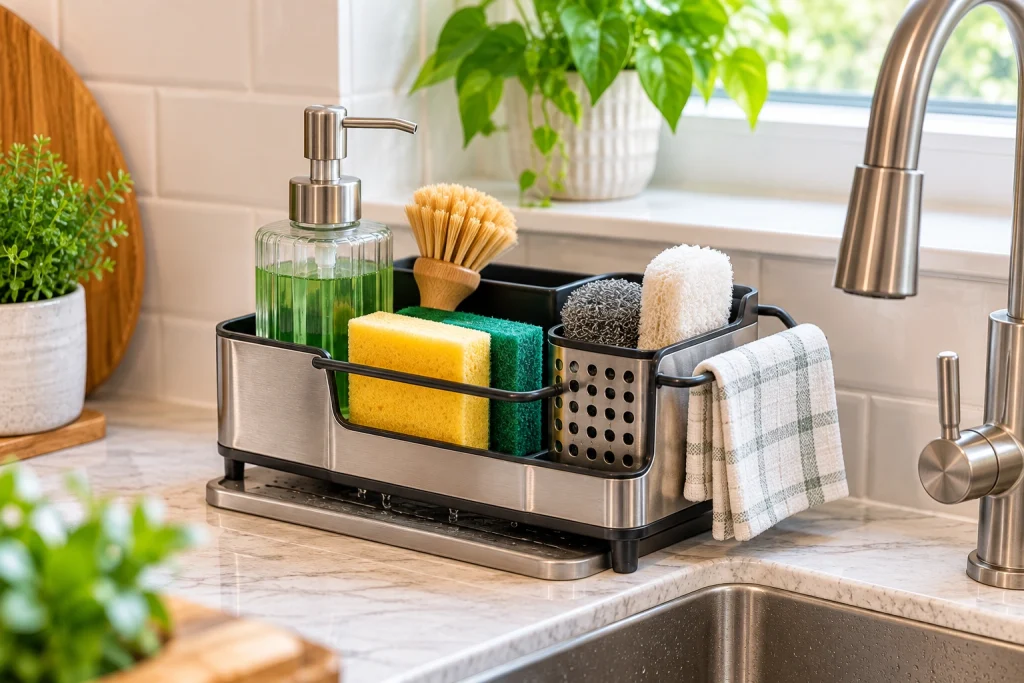 Kitchen sink organizer holding dish soap, sponges, scrubbers, brush and towel beside the sink