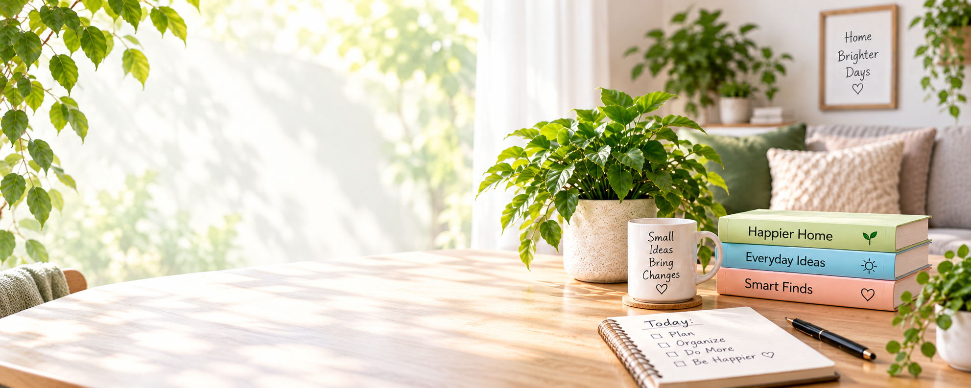 Bright home workspace with plants, a mug and books titled Happier Home, Everyday Ideas and Smart Finds