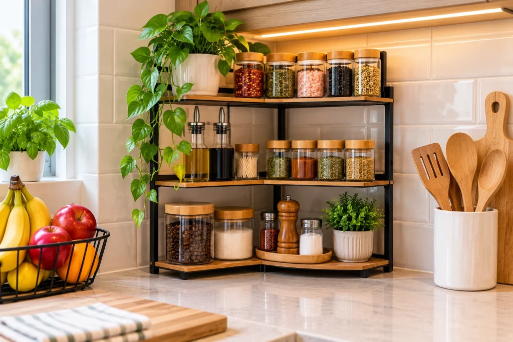 Small kitchen countertop corner organizer with spices, oils, jars, plants and cooking essentials arranged vertically