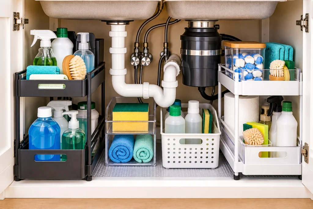 L-shaped under-sink organizer arranged around plumbing pipes with cleaning bottles, cloths and kitchen supplies