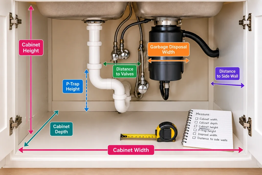 Measuring under kitchen sink cabinet space around pipes, valves and garbage disposal before adding organizers