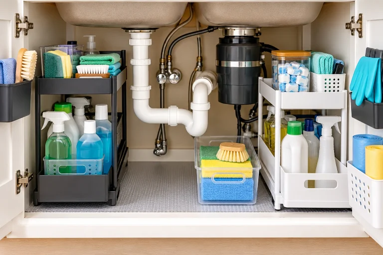 How to Organize Under the Kitchen Sink Around Pipes and Tight Spaces