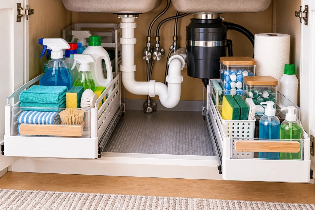 Pull-out storage organizers under a kitchen sink with cleaning supplies arranged around plumbing pipes