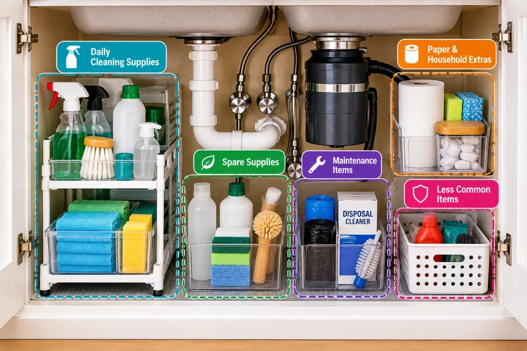 Under kitchen sink storage zones for daily cleaning supplies, backup products, maintenance items and household extras