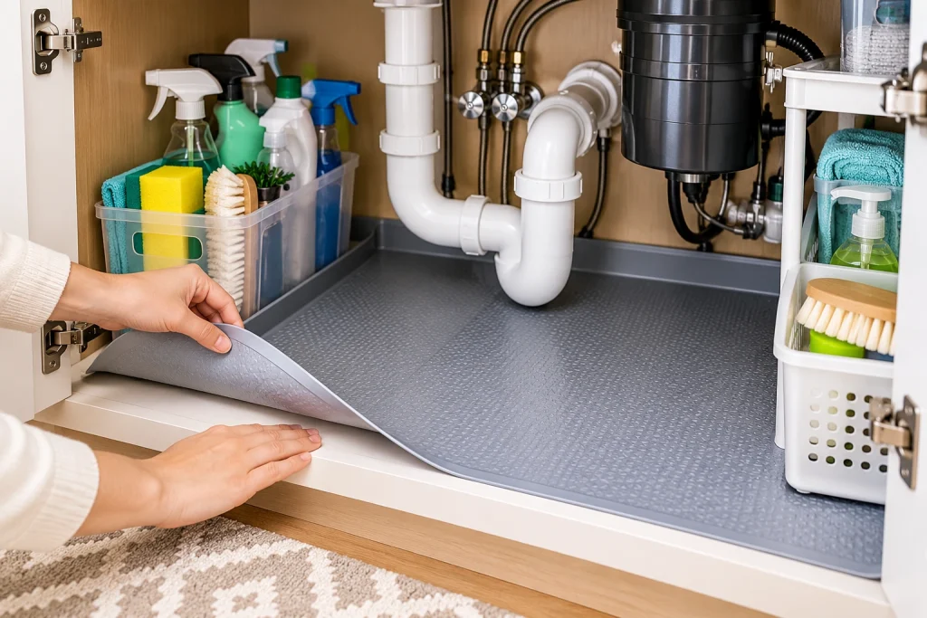 Installing a waterproof mat under the kitchen sink around plumbing pipes and cleaning supplies