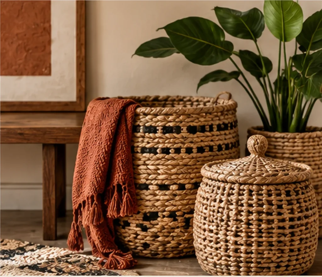 Woven baskets and layered textiles in an earthy bohemian interior